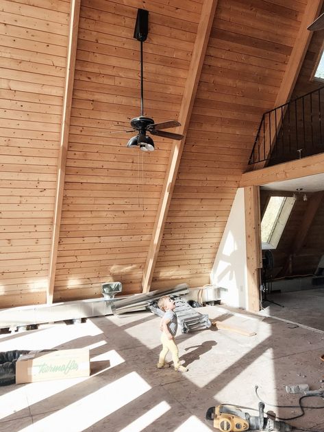 All the Major Finishes in the A-frame Renovation - Chris Loves Julia A Frame Cabin Remodel Before And After, A Frame Renovation Before And After, A Frame Lighting Ideas, A Frame Remodel, Cabin Remodel Before And After, A Frame Windows, A Frame Ceiling, A-frame Interior, Ceiling Remodel