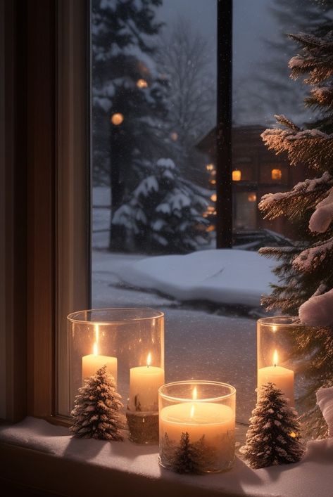 Cozy Christmas Candle Aesthetic, Cozy Snow Aesthetic, Christmas Candles In Windows, Outdoor Christmas Scenes, Winter Candle Aesthetic, Cozy Winter Night, Winter Hygge, Lights For Christmas, Winter Mood