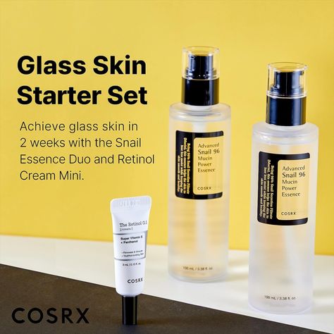 $35.00
Glass Skin Regimen: The perfect regime for dewy glass skin, with 2 pcs of the best selling COSRX Snail 96 Power Mucin Essence and 1 mini sized The Retinol 0.1 Cream. Achieve glowing and firmed, plumped up skin in just 2 weeks with this all-in-one set.
Hydrating Serum for Face with Snail Secretion Filtrate for Dull & Damaged Skin, Not Tested on Animals, No Parabens, Korean Skincare 

#Skincare #KoreanSkincare #SnailMucin #ClearSkin #GlassSkin #SmoothSkin #HealthySkin Advanced Snail 96, Snail 96 Mucin, Snail 96, Advanced Snail, Post Acne Marks, Retinol Cream, Skincare Gift Set, Hydrating Serum, Skin Care Kit