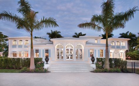 As the Bermuda-style home is viewed from the new custom-poured shell driveway one would never guess at the extensive redesign and artfully executed renovation which took place. The orientation of the home was changed from the narrow side street to face Gulf Shore Boulevard, a second two-story wing was added on the right, and the triple-arches were changed to reveal a new grand entryway. Shell Driveway, Grand Entryway, Dream Master, Foyer Decorating, Loft House, Paradise Found, Naples Fl, Gulf Shores, House And Home Magazine