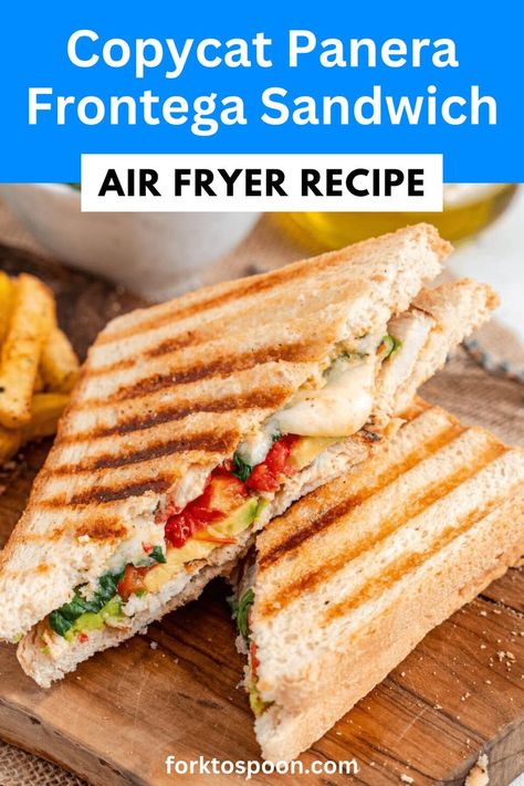 Air Fryer Copycat Panera Frontega Chicken Sandwich Recipe. If you love Panera this easy sandwich recipe is for you. Enjoy a Panera favorite right at home with this easy copycat recipe. Save money with this restaurant-quality meal made at home. This Air Fryer Copycat Panera Frontega Chicken Sandwich is easy and is made with chicken breast and spinach. A healthy lunch idea for the whole family. Copycat Panera Sandwich Recipes, Easy Air Fryer Chicken Sandwich, Panera Bbq Chicken Sandwich, Panera Frontega Chicken Sandwich, Panera Frontega Chicken Panini, Panera Sandwiches, Rice Recipes For Kids, Panini Recipes Chicken, Best Lunch Recipes