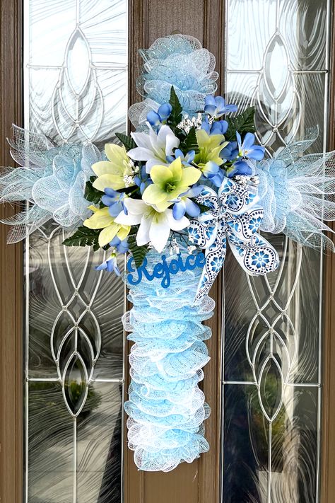 Hello everyone and Welcome! In today's crafting adventure I will show you how to make a deco mesh Cross wreath with flowers. This Easter wreath is done in beautiful blues with accents of white and yellow, a perfect color scheme for a Spring DIY. The Dollar Tree Cross wreath form is used for the base along with my no fray folded ruffle method. Let's get started with this deco mesh Cross Wreath tutorial! How To Make A Cross Wreath, Mesh Cross Wreath Diy, Cross Wreaths Diy, Deco Mesh Cross Wreaths Diy Tutorials, Cross Wreath Diy How To Make, Easter Cross Wreath Diy, Deco Mesh Cross Wreaths, Mesh Cross Wreath How To Make, Cross Wreaths For Front Door