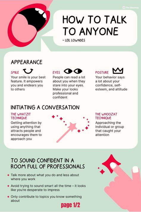 infografic summary of  "How to talk to anyone" by Leil Lowndes Business Communication Skills, Business Books Worth Reading, Nlp Coaching, Good Leadership Skills, Inspiring Books, App Website, Teaching Time, Self Development Books, Life Management