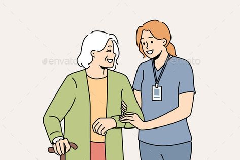 Caregiver Help Elderly Woman with Walking Cassandra Dragon Age, Happy Nurse, Nurse Drawing, Homecare Nursing, Smiling Female, Care Giver, Elderly Caregiver, Disney Art Style, Medical Pictures