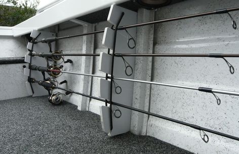 Many of us carry a full arsenal of rods when we venture out for a day on the water. Having a good storage system in place, not only helps keep the them organized but also helps protect your investm... Bass Boat Storage, Diy Fishing Rod Holder, Jon Boat Modifications, Diy Fishing Rod, Boat Rod Holders, John Boats, Fishing Rod Storage, Fishing Rod Rack, Boat Restoration