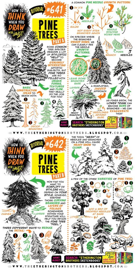 Draw Pine Trees, Trees Tutorial, Objects Drawing, Draw Landscape, Draw Plants, Brothers Photo, Pine Tree Drawing, Etherington Brothers, Comic Background