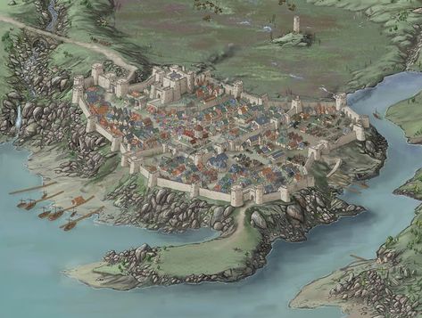 Fantasy Landscape Art, Fantasy City Map, Castle Illustration, Medieval City, Landscape Sketch, Rpg Map, Location Inspiration, Fantasy City, Fantasy Castle