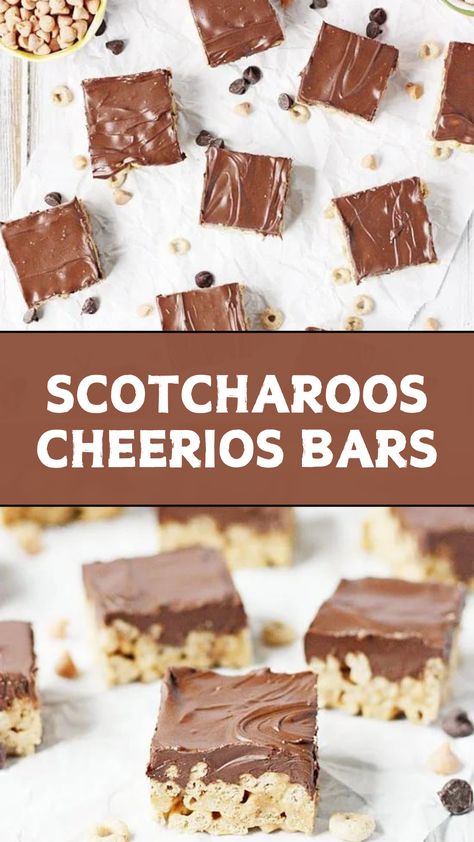 SCOTCHAROOS CHEERIOS BARS Cheerios Dessert Recipe, Cheerio Dessert Recipes, Cereal Dessert Bars, Honeynut Cheerio Recipes, Recipes With Cheerios, Honey Nut Cheerios Recipes, Cherrios Bars, Cheerio Peanut Butter Bars, Recipe Using Cheerios