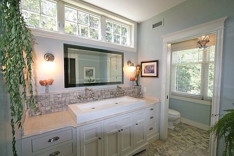 Bathroom with transom window above mirror Bathroom Vanity Lighting Over Mirror, Vanity Lighting Over Mirror, Luxury Bathroom Master Baths, Suite Bathroom, Mirror Ideas, Transom Windows, Guest Cottage, Bathroom Windows, Bad Design