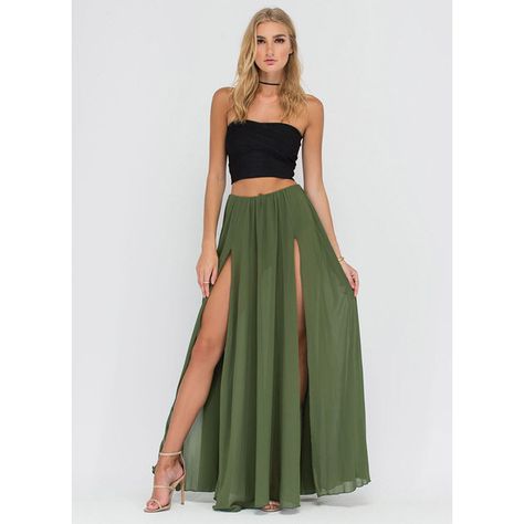 Skirts With Slits, Outfits With Skirts, Cochella Outfits, Maxi Skirt Outfit, Skirts Green, Green Maxi Skirt, Long Skirt Outfits, Sheer Skirt, Easy Trendy Outfits