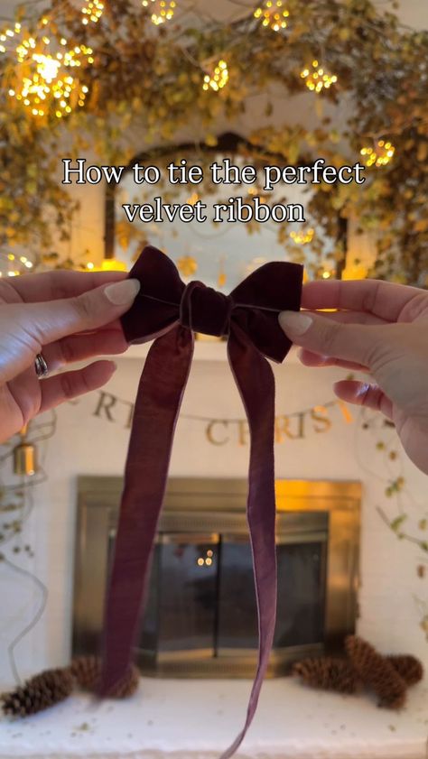 Wendy | Here’s how to tie the perfect double looped velvet ribbon. Consider adding bows to your decor this year. I love how this simple DIY can... | Instagram How To Tie Ornament Ribbon, How To Tie A Single Loop Bow, Wreath With Velvet Bow, Tying Velvet Bow, Garland With Velvet Ribbon, How To Tie A Bow With One Sided Ribbon, Velvet Bows On Christmas Tree Diy, Tying A Bow With Velvet Ribbon, Tie Velvet Bow