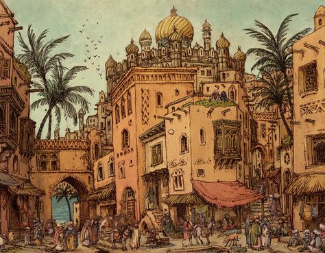 Medieval arabic city II Arab Drawing, Market Concept Art, Arabic Drawing, Arabic City, Arabic Market, Persian City, Vila Medieval, With Color, Desert City