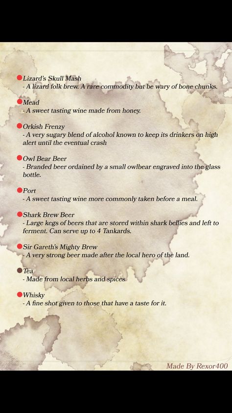 Dnd Alcohol, Dnd Tavern, Dm Resources, Tavern Food, Dnd Food, Dnd Funny, Dnd Ideas, Bar Food, Magic Recipe