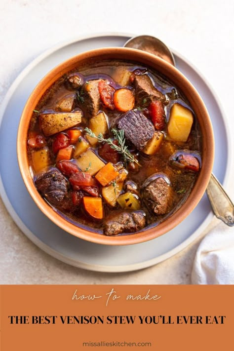 This scratch-made venison stew recipe is easy to make and the deer meat is fall-apart tender. It's packed with veggies and simple ingredients. Deer Stew Meat Recipes, Deer Meat Stew Crockpot, Deer Meat Stew, Canned Venison Stew, Dutch Oven Venison Stew, Deer Stew, Deer Backstrap Recipes Crockpot Venison Stew, Meat Stew, Venison Stew