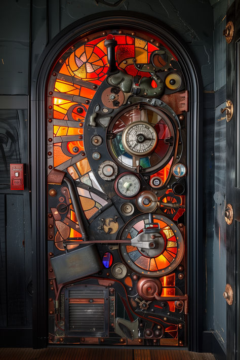 STEAMPUNK THEMED STAINEDGLASS DOOR,HOME DECOR IDEAS, DECOR IDEAS, HOME DECOR CONCEPTS, INSPIRATION AND IDEAS Steampunk Room Aesthetic, Steampunk Room Ideas, Steampunk House Interiors, Steampunk Bedroom Decor, Steam Punk Room, Bookshop Design, Greenhouse Library, Santa Grotto, Steampunk Interior Design