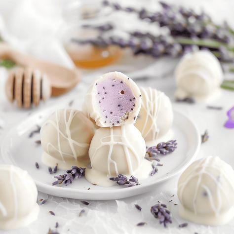 Chocolate Honey Recipes, Honey Lavender Truffles, Honey Lavender White Chocolate Truffles, Honey Lavender Dessert, Honey And Chocolate, Honey Truffles, Lavender Truffles, Lavender Food, Dinner Hosting