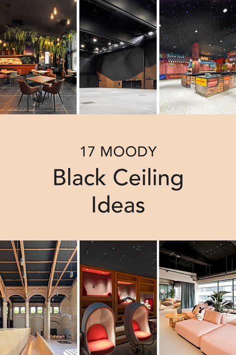 A blog post about 17 moody black ceiling design ideas Black Ceiling Cream Walls, Black Ceiling Grey Floor, Basement Color Schemes With Black Ceiling, Black Ceiling And Trim, Black Ceiling Office, Black Ceiling Design, Basement Black Ceiling, Black Ceiling Living Room, Dark Ceiling Light Walls