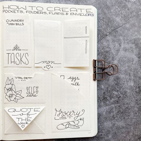 Create Bullet Journaling pockets, folders, flaps, and envelopes with this how-to! Free printable templates included. Pocket Journal Ideas Inspiration, Journal Envelope, Bujo 2023, Bullet Journal Layout Templates, Budget Journal, Dutch Doors, Journal Inserts, Libra Gifts, Journal Organization