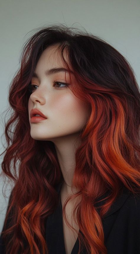 New Hair Colour Ideas, Black And Amber Hair, Brown Hair With Vibrant Colors, Red Fashion Color Hair, Auburn Hair Dye Ideas, Red Hair Color Inspiration, Orange Hair Dye On Brown Hair, Fashion Color Placement, Hidden Red Hair Color