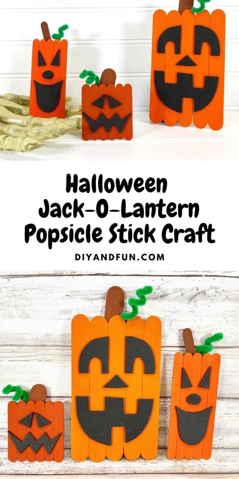 Halloween Jack O Lantern Popsicle Stick Craft, a simple do it yourself idea for making a fall pumpkin using craft sticks. Most ages. Popsicle Sticks Halloween Crafts, Lantern Crafts For Kids, Halloween Lanterns Diy, Popsicle Stick Craft, Lantern Crafts, Dollar Store Inspired Decor, Lantern Craft, Craft Sticks, Easy Fall Crafts