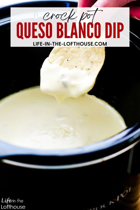 Queso Blanco dip is a warm and gooey white cheese dip with green chilies that is cooked in the crock pot. This delicious cheese dip is the ultimate party snack. Crockpot White Cheese Dip, Chilis White Queso Dip, Crock Pot White Queso Dip, Queso For A Crowd, White Castle Dip, White Cheese Dip Mexican, Queso Dip Crockpot Velveeta, Velveeta Queso Dip Crock Pot, Crockpot White Queso Dip