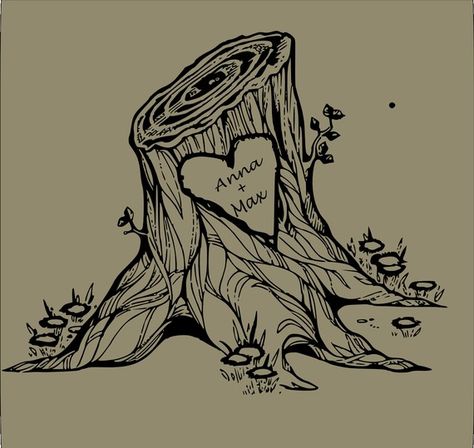 Anniversary Ideas Drawing, Tree Stump Drawing, Anniversary Drawings, Vinyl Wall Art Decals, Tree Stump, Black Ink Tattoos, Tree Drawing, Vinyl Wall Art, Couple Tattoos