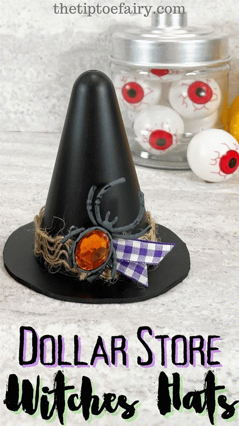 Turn these little pylon cones from the Dollar Tree into Witch Hats just in time for Halloween. You can make them in about 30 minutes and they're perfect for dressing up home decor with a witchy theme! Lighted Witches Hat, Witch Hat Centerpiece Diy, Diy Witches Hat Decoration, Halloween Witch Hat Diy, Mini Witches Hat, Diy Small Witch Hat, Diy Mini Witch Hat, Dollar Tree Halloween Centerpiece, Witch’s Hat