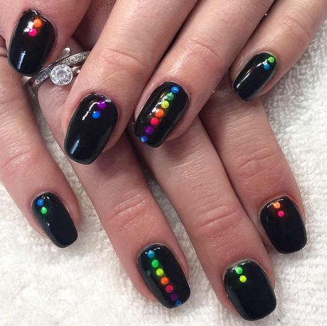 Black Colourful Nails, Black Pride Nails Designs, Coffin Pride Nails, Black Nails With Neon Tips, Short Pride Nail Ideas, Pride Nails Black, Black Festival Nails, Black With Neon Nails, Black Colorful Nails