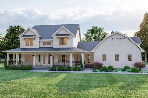 Two-Story 4-Bedroom Modern Farmhouse With Side Load Barn Style Garage (Floor Plan) Barn Style Garage, Beautiful Master Bathrooms, Garage Floor Plans, American Farmhouse, Farmhouse Style House Plans, American House, Farmhouse House, Farmhouse Plan, Wrap Around Porch