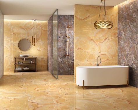 2023 is all about the stone when it comes to bathroom trends. Look at this stunning Honey Onyx! Onyx Bathroom, Bathroom Trends, The Stone, Alcove Bathtub, Onyx, Look At, Honey, Things To Come, Bath