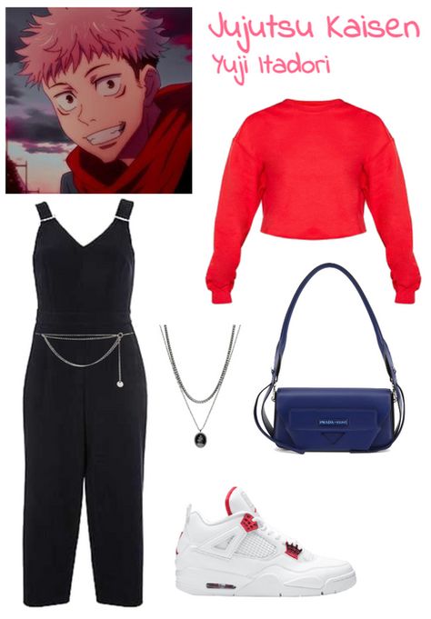 Get ready to exorcise in style with a Yuji Itadori anime inspired look! Embrace the strength of a Jujutsu sorcerer with this streetwear outfit featuring a black jumpsuit and a red cropped jumper. Perfect for fans of the hit anime series, Jujutsu Kaisen. Stand out with bold colors and channel your inner Yuji Itadori. Elevate your fashion game with this anime inspired look. #YujiItadori #JujutsuKaisen #AnimeInspiredLook #Streetwear Cute Outfits Anime Inspired, Cute Anime Inspired Outfits, Jujutsu Kaisen Inspired Outfits, Anime Fashion Outfits Inspiration, Character Inspired Outfits Anime, Outfits Inspired By Anime Characters, Anime Character Inspired Outfits, Anime Inspired Outfits Casual, Yuji Itadori Anime