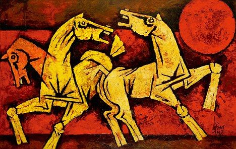 Bold:  M.F. Husain's 'Three Horses' is one of the highlights of the bid Hussain Paintings, Mf Hussain Paintings, Mf Hussain, Famous Artists Paintings, Horse Canvas Painting, Abstract Horse Painting, Imperial Hotel, Travel Women, Abstract Horse