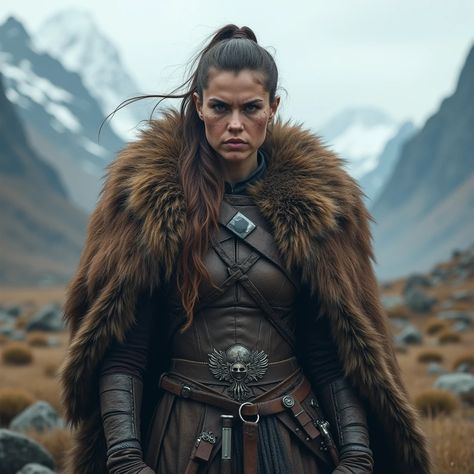 Photorealistic of a female Viking warriors wearing a brown bear fur cloak - SeaArt AI Winter Viking Photoshoot, Viking Photoshoot, Female Viking, Fur Cloak, Viking Warrior Woman, Viking Warriors, Fantasy Ideas, Viking Women, Viking Woman