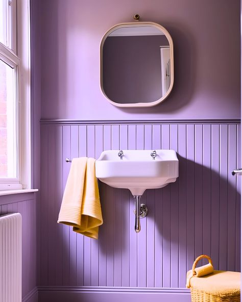 Who said that bathrooms should be a boring place? Well, not us. 🙅🏻 Go ahead now, colour drench that bathroom of yours – you know it needs some extra love. Plus, rules are for people with no imagination anyway, so you might as well follow your own creative spark and transform this often neglected space however you want. 🎨 And yes, you can start with our Joyful Lilac. We don’t need to say much, this photo speaks for itself. Let. There. Be. Joy. Everywhere. 💜 #DifferentFeelsGood #YesC... Purple Downstairs Toilet, Purple Hallway, Lilac Bathroom, Lilac Walls, Toilet Door, Purple Bathrooms, Downstairs Toilet, Yellow Bathrooms, Basement Bathroom