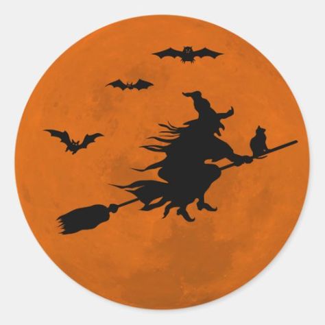 $7.25 | Halloween Black Wicked Witch Flying Orange Moon | Halloween Crafts | halloween, black, wicked, witch, flying, orange, moon, spooky, scary, bats Halloween Moon Painting, Halloween Doors, Orange Stickers, Witches Party, Halloween Widget, Witch Flying, Widget Board, Rock Designs, Orange Moon