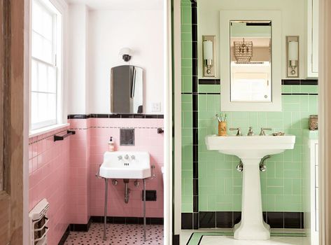 PLEASE Don't Remodel Your Vintage Art Deco Bathroom | OBLIQUE NEW YORK Pink Art Deco, Paint Color Chart, 1930s House, Art Deco Bathroom, Retro Bathrooms, Deco Bathroom, Black And White Tiles, Vintage Bathrooms, Pink Bathroom