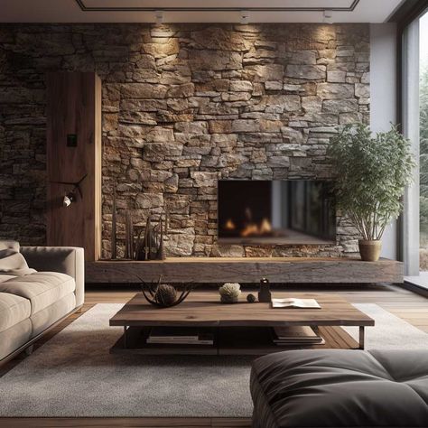 4+ Bold Feature Wall Ideas to Revamp Your Living Room Aesthetics • 333k+ Inspiring Lifestyle Ideas & Images Brick Feature Wall Living Room, Stone Wall Interior Living Room, Living Modernos, Brick Wall Interior Living Room, Stone Wall Living Room, Fireplace Accent Walls, Stone Fireplace Wall, Stone Fireplace Designs, Brick Feature Wall