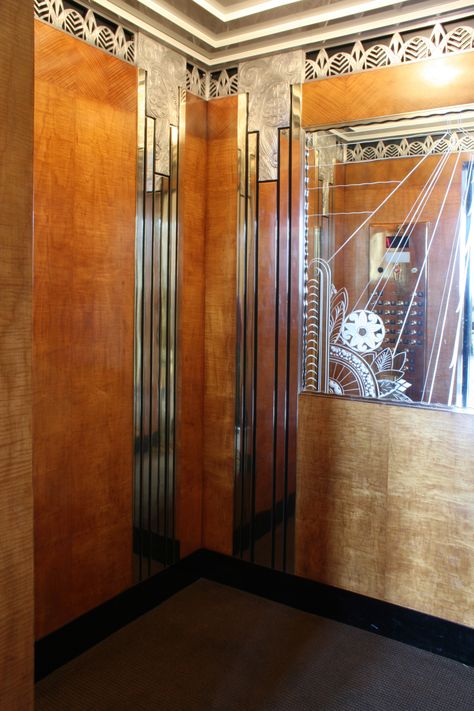 Art Deco elevator cab interior after restoration; detail | The process of conservation/preservation of an object or structure that contains historic significance can be very challenging if that object or structure must continue to be used on a regular basis. An unusual example of this involved a set of two very beautiful and unusual elevators that are located in the historic landmark Art Deco Powhatan Apartments built on the south side of Chicago in 1929... Art Deco Elevator, Chicago Apartments, Arte Art Deco, Elevator Interior, Deco Interiors, Landmarks Art, Art Deco Bar, Art Deco Interior Design, Lift Design