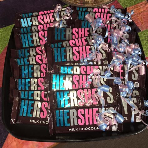 He/She Hershey Bars Gender Reveal Party Favors Gender Reveal Ideas For Announcement, He She Hershey Bars, Easy Cheap Gender Reveal Ideas, Burnouts Or Bows Gender Reveal Food, Triplet Gender Reveal, Cool Gender Reveal Ideas, Small Gender Reveal Ideas, Foto Gender Reveal, Ways To Reveal Baby Gender