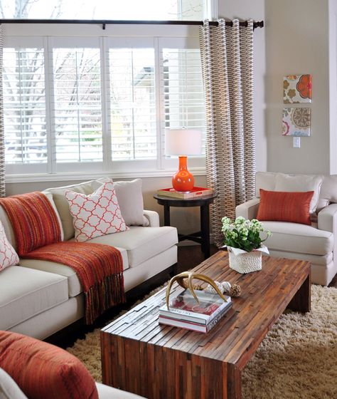 orange and taupe living room by Judith Balis: shag rug, linen sofa, @Jonathan Louis Taupe Sofa Living Room, Living Room Decor Orange, Burnt Orange Living Room, Taupe Living Room, Green Sofa Living, Red Living Room Decor, Orange Living Room, Tan Living Room, Brown Living Room Decor