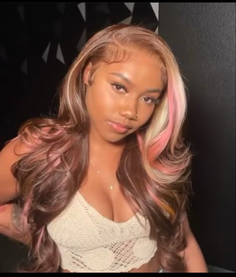 Brown And Pink Highlights Wig, Pink Brown Blonde Wig, Pink And Brown Frontal Wig, Pink And Brown Wigs For Black Women, Lace Front With Pink Highlights, Brown And Pink Hair Wig, Brown And Pink Sew In, Pink Blonde Hair Rose Gold Black Women, Brown Wig With Pink Highlights