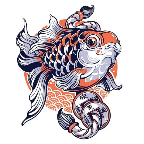 Japanese Goldfish Drawing, Fancy Goldfish Tattoo, Meaningful Japanese Tattoos, Goldfish Tattoo Design, Vector Art Tattoo, Goldfish Illustration, Tattoo Aesthetics, Goldfish Design, Japanese Tatto