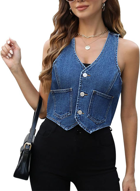 Back to School/ Fall outfit staple Denim Waistcoat Outfit, Denim Waistcoat Outfit Woman, Waistcoat Outfit Women, Fall Outfit Staples, Denim Vest Top, Waistcoat Outfit, Fitted Jean Jacket, Crop Denim Vest, Womens Denim Vest