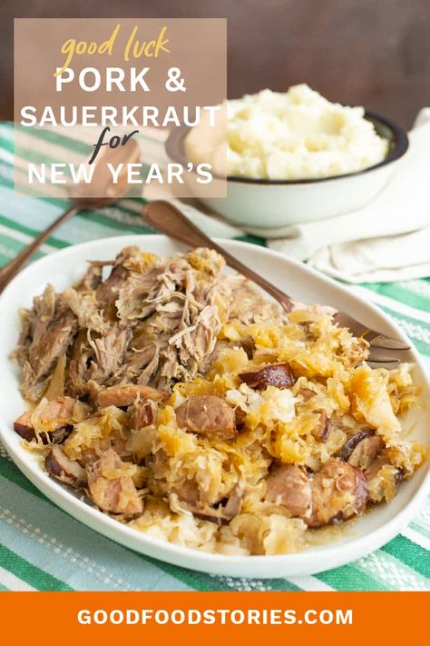 Good luck pork and sauerkraut is usually served on New Year's Day. Find out why this German and Eastern European tradition persists (hint: it's delicious!). #porkandsauerkraut #goodluck #newyearsday #newyearseve #slowcooker #crockpot New Years Pork And Sauerkraut, Crockpot Pork And Sauerkraut, Rolled Pork Roast, Sauerkraut Crock, Pork And Sauerkraut Recipe, Pork Roast And Sauerkraut, Pork Chops And Sauerkraut, Pork And Sauerkraut, New Years Day Meal