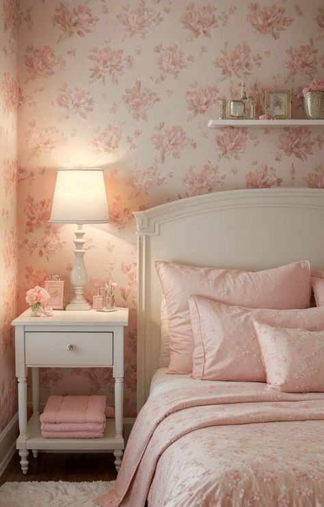 Add a touch of girly charm with a floral wallpaper accent wall and a vintage-inspired vanity table. Complete the look with a soft pink throw blanket and some cute fairy lights for a dreamy atmosphere. Cute Fairy Lights, Floral Wallpaper Accent Wall, Soft Girl Bedroom, Pink Wallpaper Bedroom, Floral Wallpaper Bedroom, Pink Throw Blanket, Floral Bedroom, Pink Throw, Nursery Room Inspiration