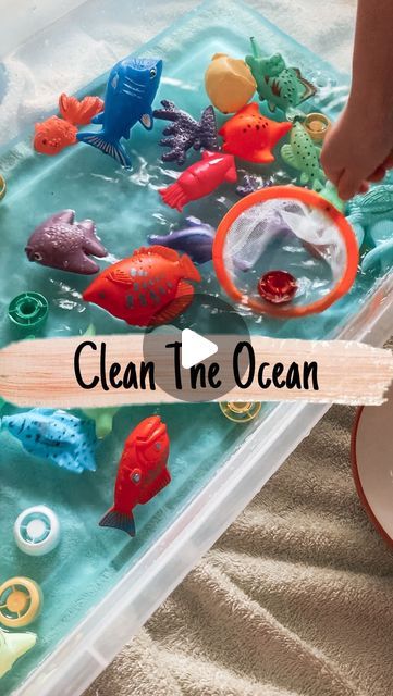 Brittany | Kids/Toddler/Baby Activities on Instagram: "Looking for a fun activity for Earth Day? Use this water activity to talk to your children about the importance of recycling and helping to keep our oceans clean!  For this activity, add water to a bin and had a few drops of blue food coloring. Then add toy fish. Finally add trash (we used baby food pouch tops). Give your kids nets (or spatulas/ kitchen utensils) to help clean the “ocean.”   Inspired by: @play.inspire.grow" Infant Water Activities, Ocean Day Activities For Kids, Childhood Summer, Importance Of Recycling, Kids Net, Toy Fish, Water Activity, Baby Food Pouch Recipes, Nursery Activities