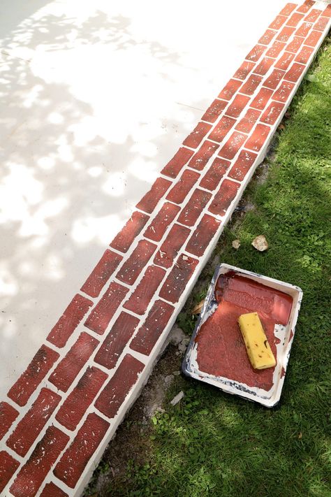 Greenhouse Painting, Faux Brick Flooring, Red Brick Paint, Fake Brick, Brick Sidewalk, Paint Concrete Patio, Brick Porch, Brick Cottage, Front Porch Makeover