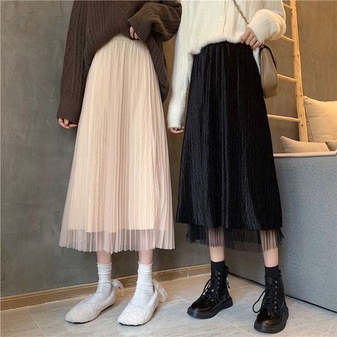 Korean Midi Skirt, Black Pleated Skirt Outfit, Pleated Midi Skirt Outfit, Kawaii Skirt, Academia Clothing, Mesh Midi Skirt, Pleated Skirt Outfit, Dark Academia Clothing, Fashion Anime