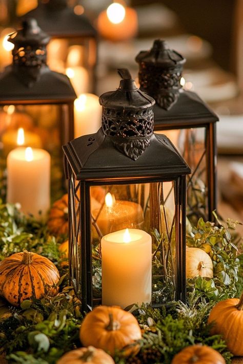 Style your Thanksgiving table with rustic lantern centerpieces for a warm, inviting glow. #ThanksgivingDecor #RusticStyle #HolidayCenterpieces Rustic Centerpiece Ideas, Diy Lantern Centerpieces, Thanksgiving Lantern, Centerpieces For Thanksgiving, Rustic Lantern Centerpieces, Lantern Decor Ideas, Candle Placement, Candles Autumn, Thanksgiving Tables