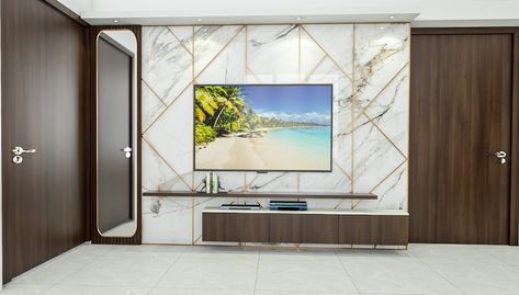 Modern tv unit with stone panel with Golden inlay Tv Unit Golden Patti, Glass Tv Unit, Tv Cabinet Wall Design, Modern Tv Unit, Tv Unit Design Modern, Modern Tv Units, Tv Panel, Cabinet Wall, Stone Panels